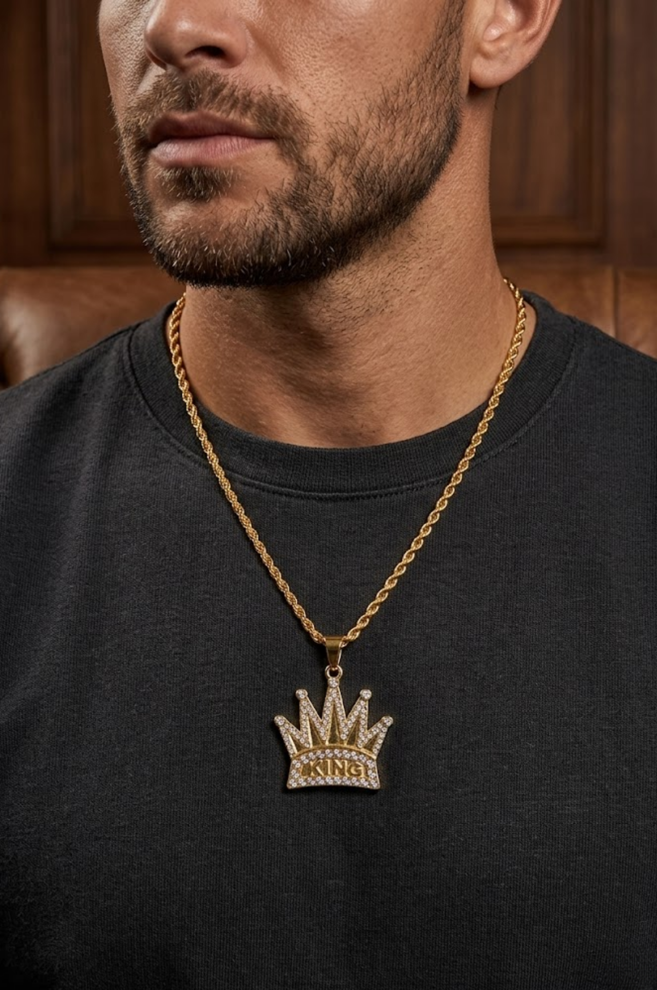 18K Gold Filled Iced Out "KING" Crown Pendant Necklace – Pavé CZ Royal Crown Rope Chain Necklace for Men & Women
